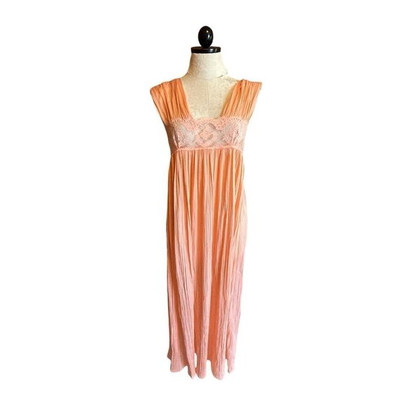 Vintage Annique by Rosa Puleo Szule Peach Maxi Crinkle Fabric Nightgown Sz S - Picture 1 of 7